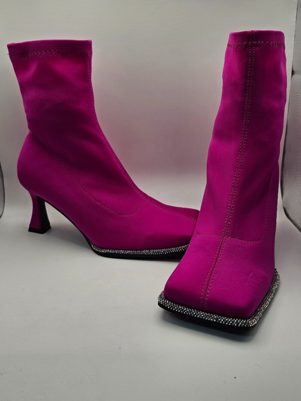 Fuchsia Rhinestone‑Trimmed Square‑Toe Sock Boots – Stretch Ankle Heels – Size 37